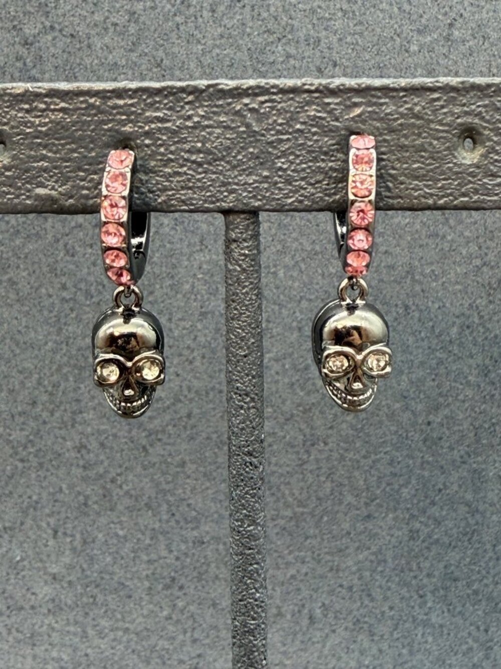 Skull Dangle Pierced Earrings 2 In Silver Pink Rhinestone Hoop Barbie Goth Punk